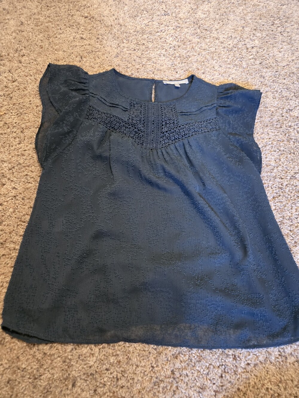 Daniel Rainn Teal Eyelet Yoke Flutter Sleeve Blouse